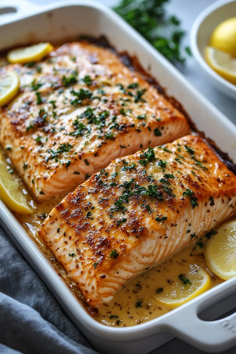 Baked Salmon with Creamy Lemon Garlic Sauce