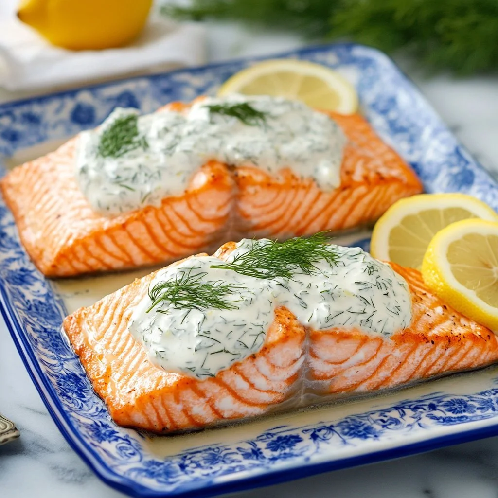 Baked salmon fillet topped with garlic mayo, garnished with fresh herbs.