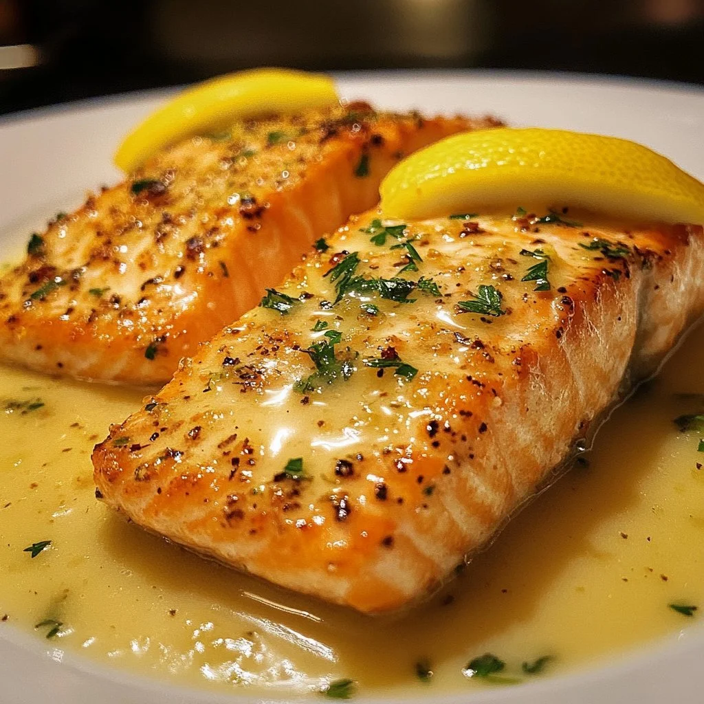 Baked salmon fillet drizzled with lemon butter sauce on a plate