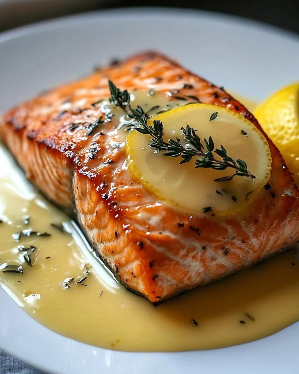Baked salmon drizzled with lemon sauce, served on a plate for a delicious dinner.