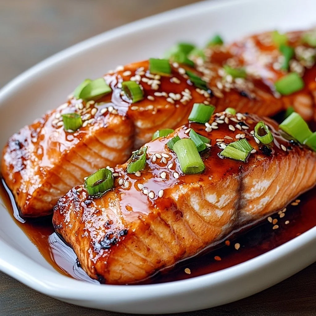 Delicious baked teriyaki salmon served with vegetables on a plate.