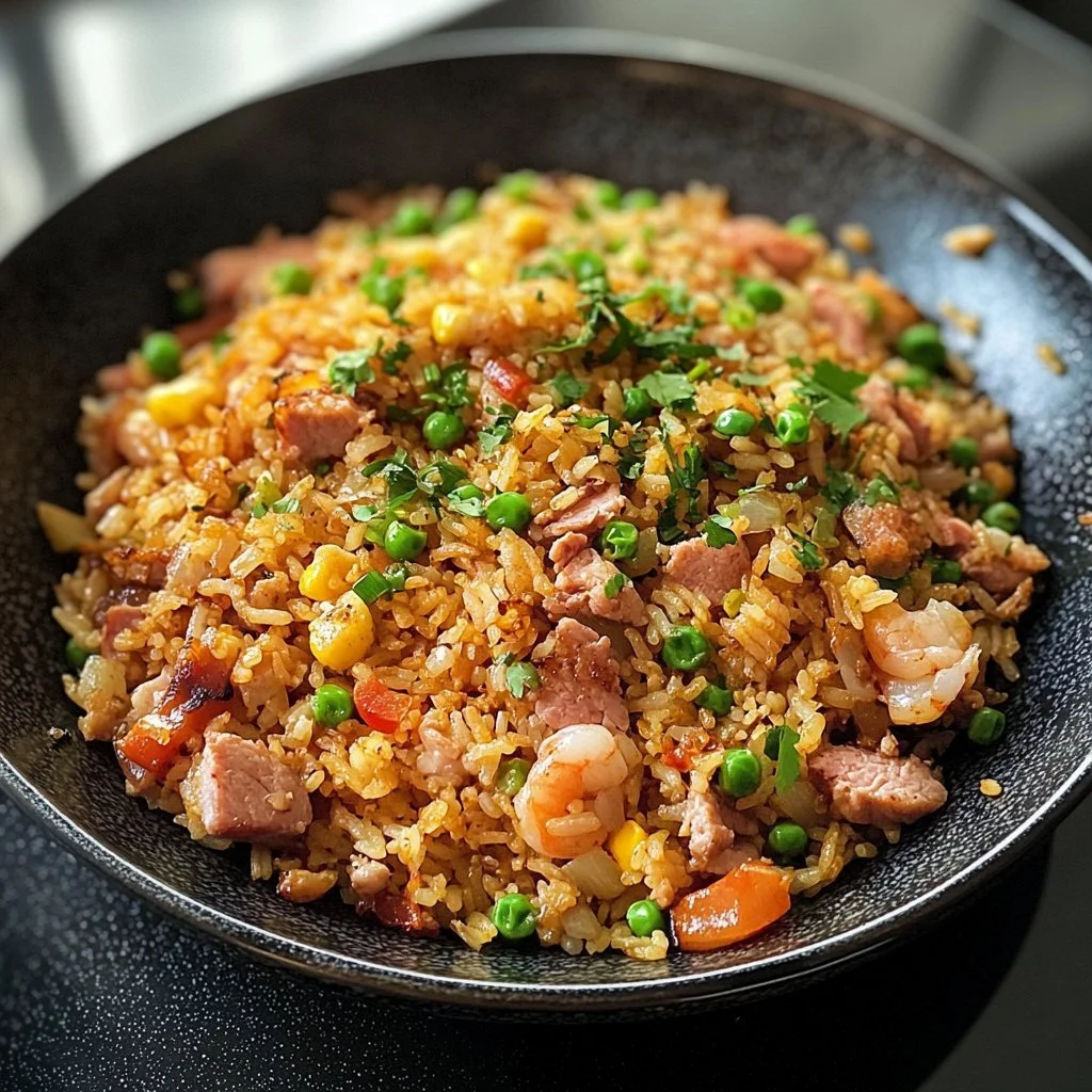 A vibrant plate of Bang Bang Fried Rice with colorful vegetables and protein