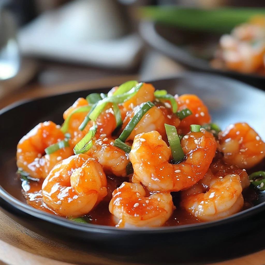 Plate of Bang Bang Shrimp garnished with green onions and served with dipping sauce