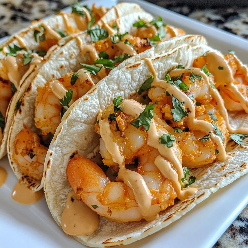 Delicious Bang Bang Shrimp Tacos topped with fresh ingredients and spicy sauce.