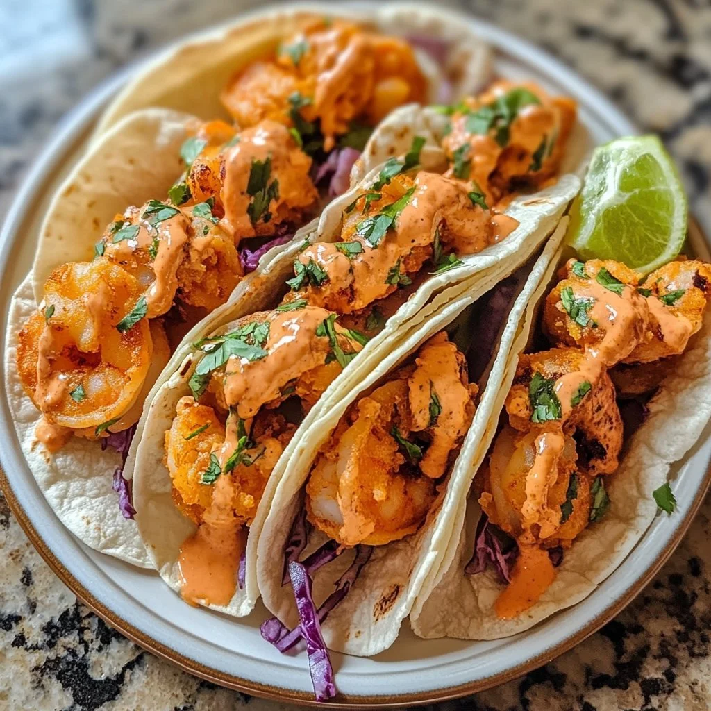 Delicious Bang Bang Shrimp Tacos topped with fresh ingredients
