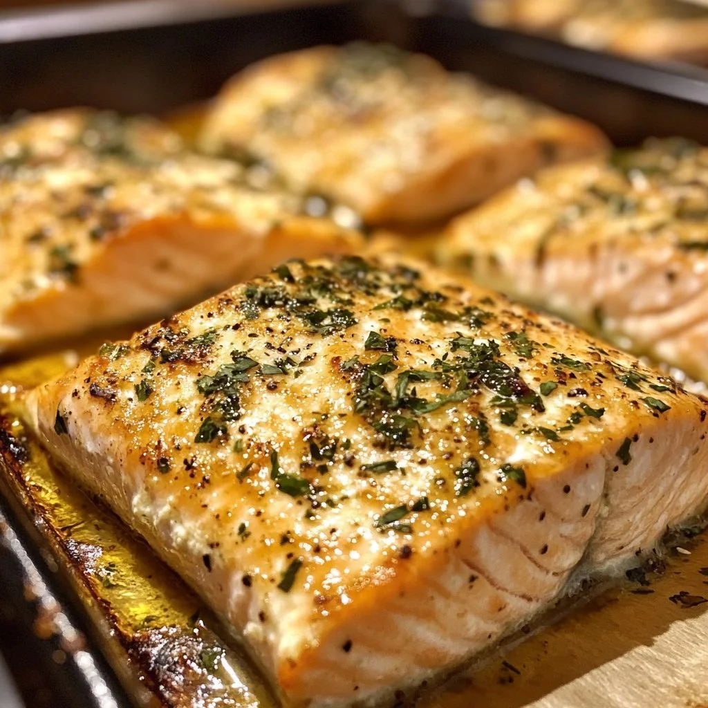 Delicious oven baked salmon on a plate garnished with herbs