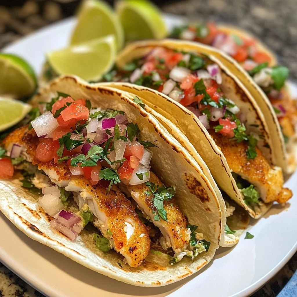 Delicious fish tacos topped with fresh ingredients and lime wedges.