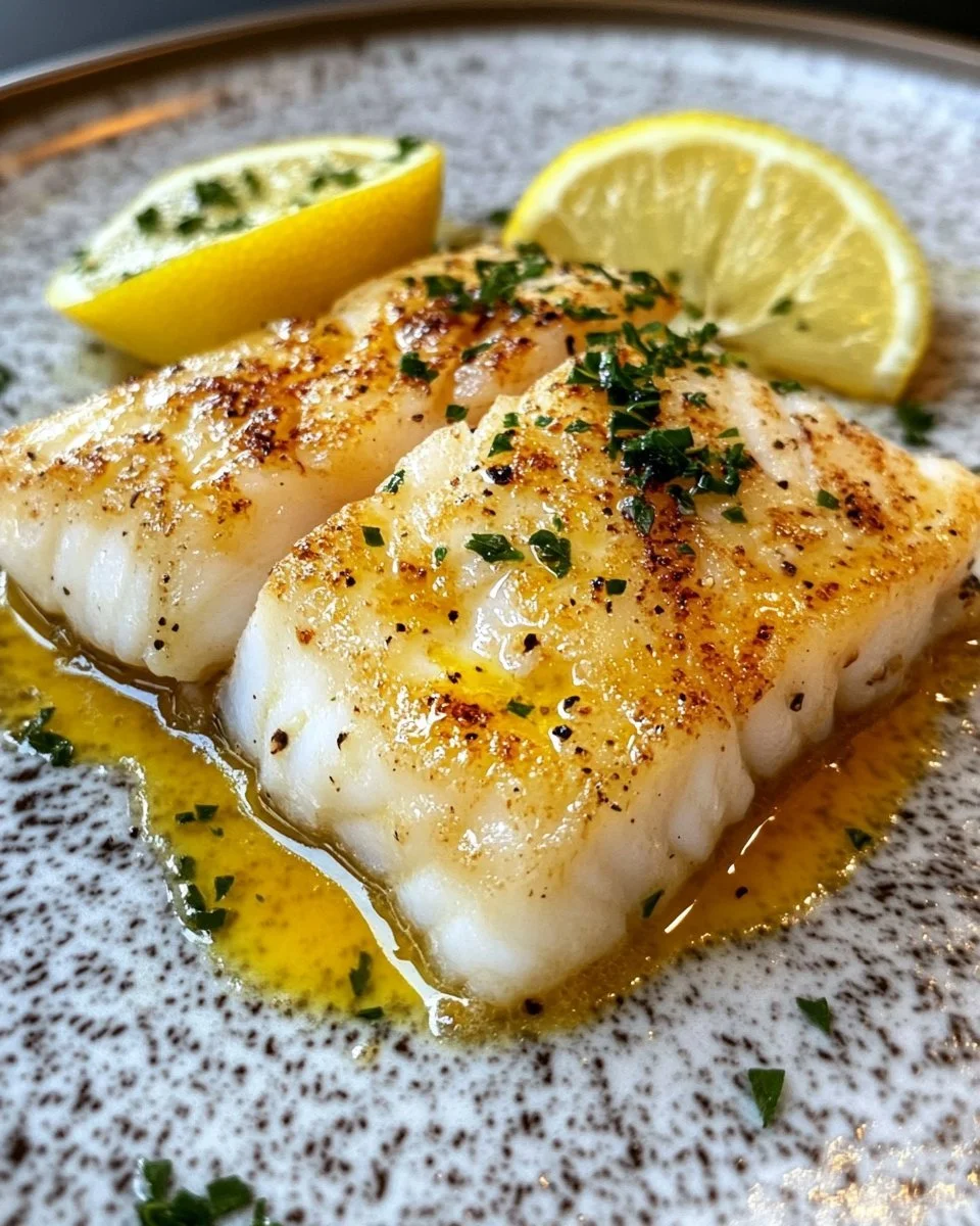 Delicious pan-fried cod fillet served with lemon butter sauce
