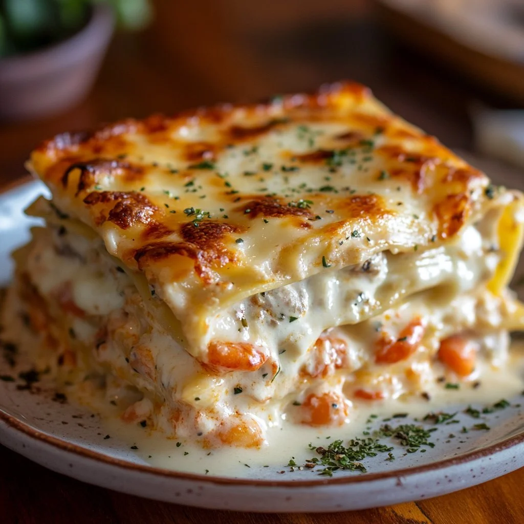 Delicious seafood lasagna topped with cheese and fresh seafood ingredients