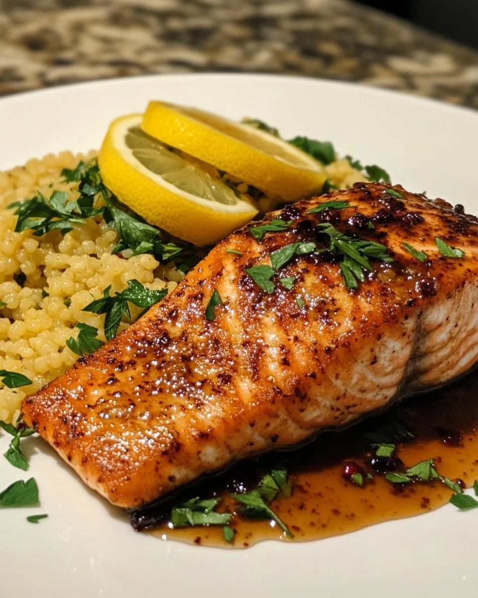 Blueberry glazed salmon served with lemon herb couscous on a plate.