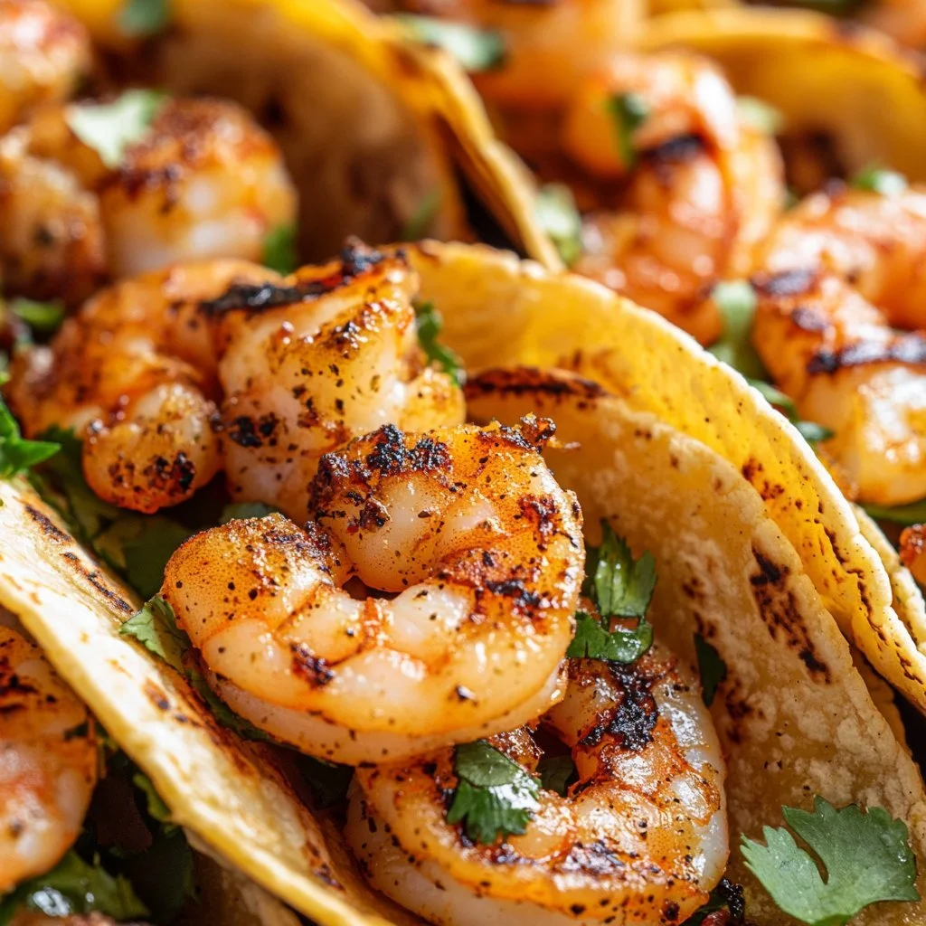 Bobby Flay's flavorful shrimp tacos served with fresh toppings