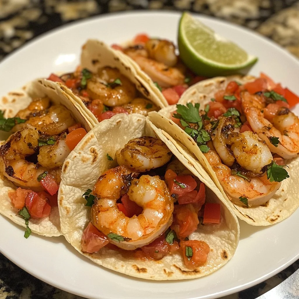 Bobby Flay's flavorful shrimp tacos on a plate with fresh toppings