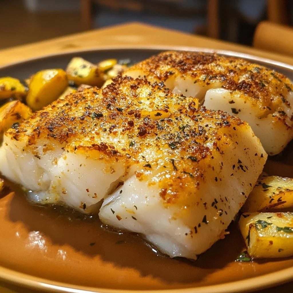 Deliciously seasoned baked cod fillet served with fresh herbs and lemon.
