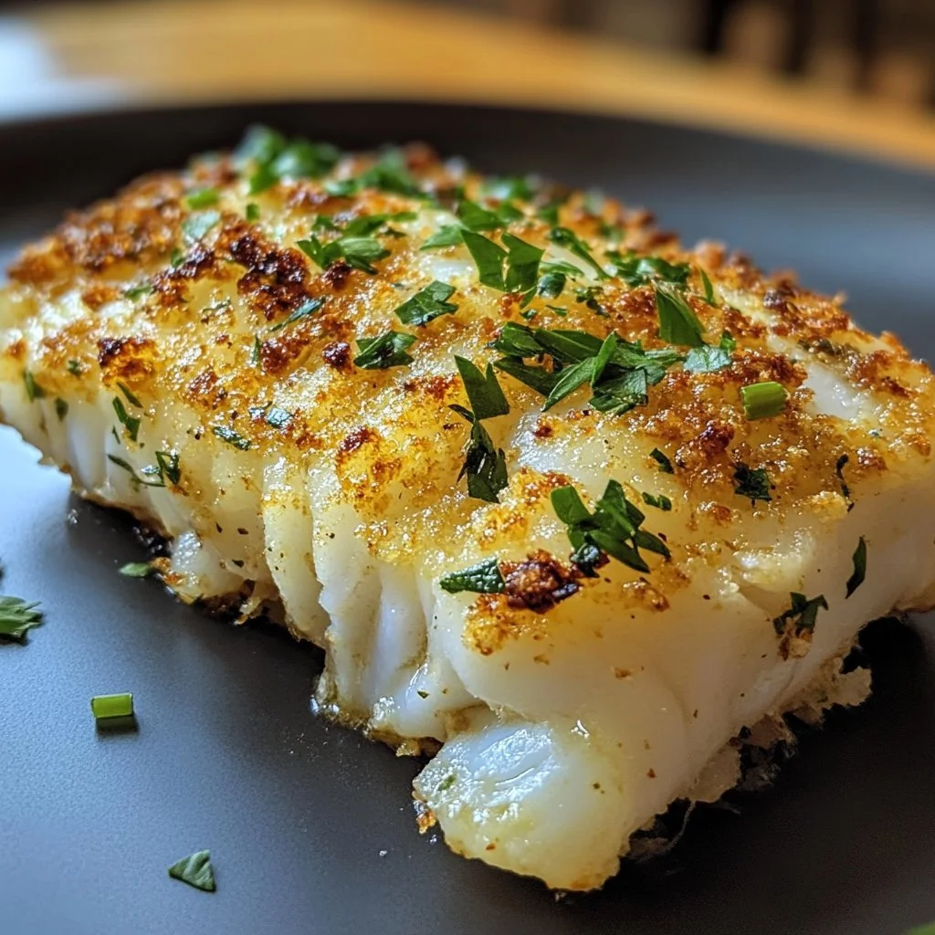 Delicious Boston baked cod served with herbs and lemon