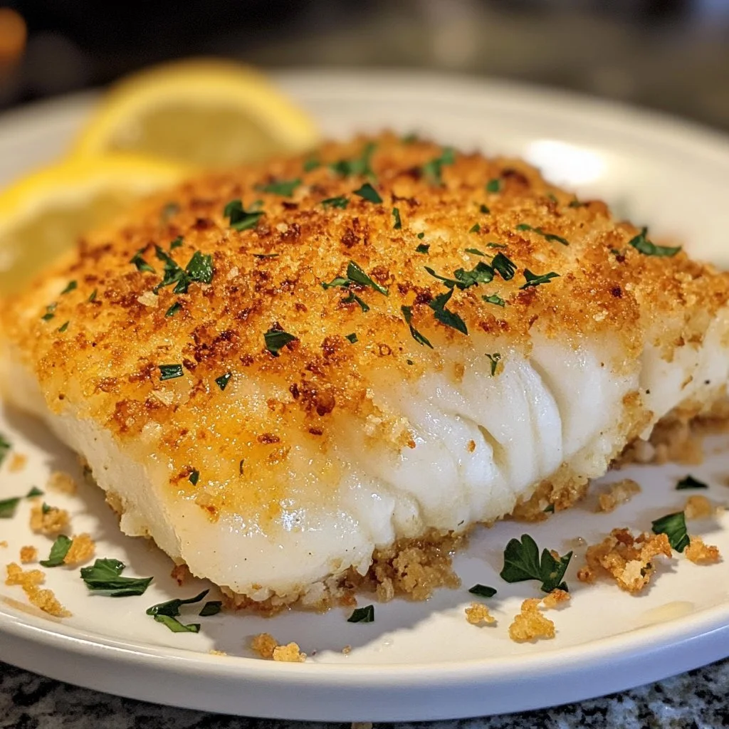 Boston baked cod topped with crispy panko, served on a plate.