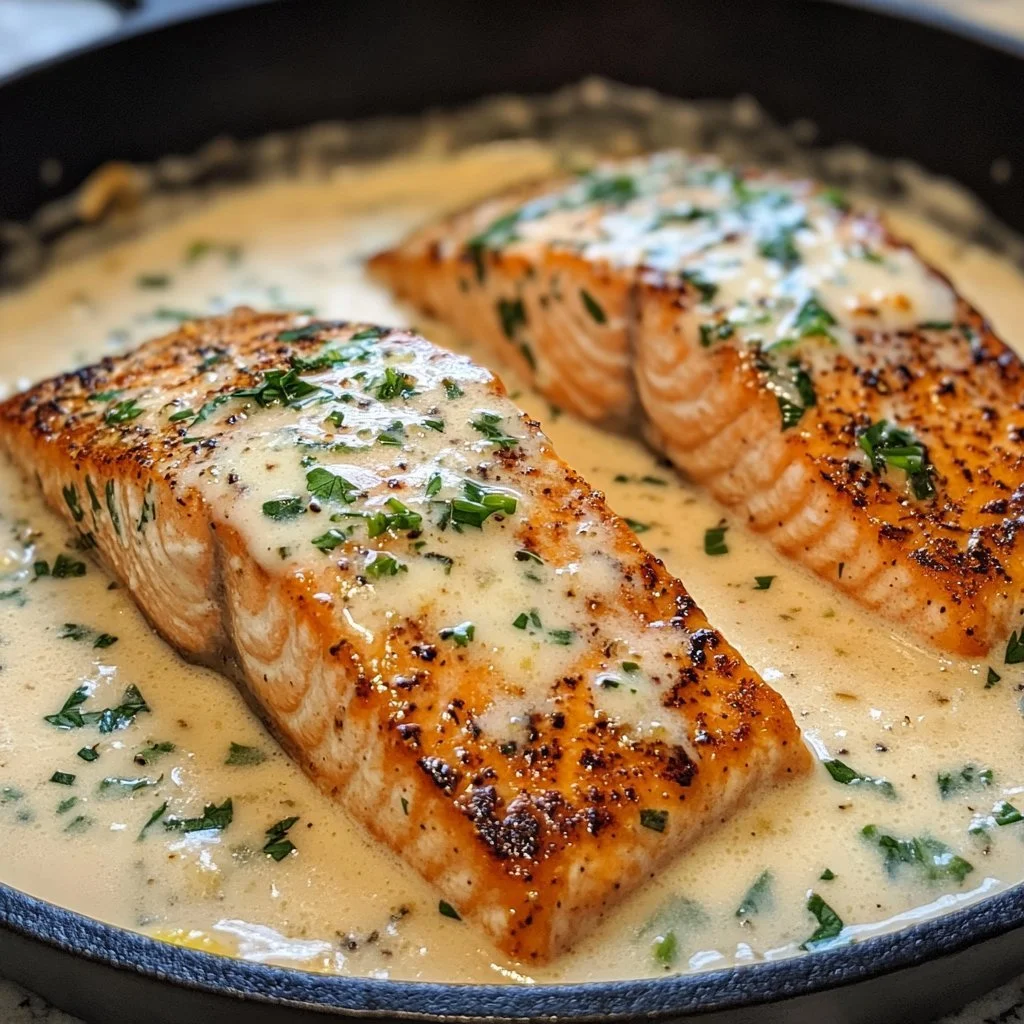 Boursin salmon fillet topped with lemon herb sauce served on a plate