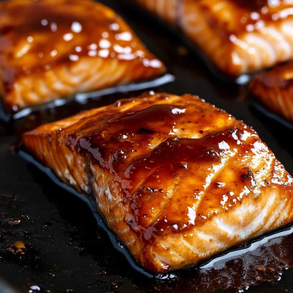 Delicious brown sugar glazed salmon fillet on a plate garnished with herbs.