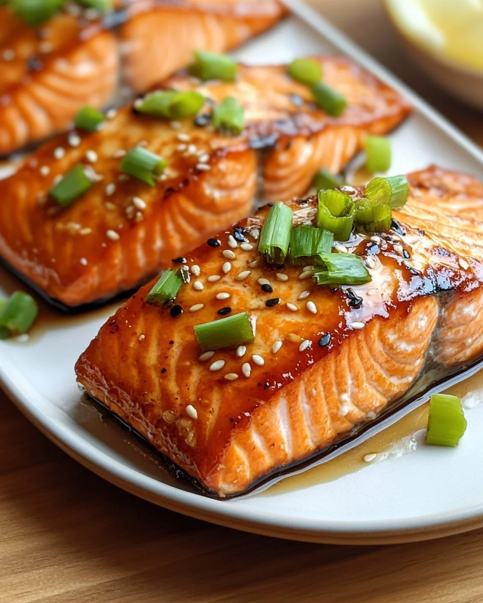 Brown Sugar Soy Glazed Salmon with vibrant garnishes on a white plate