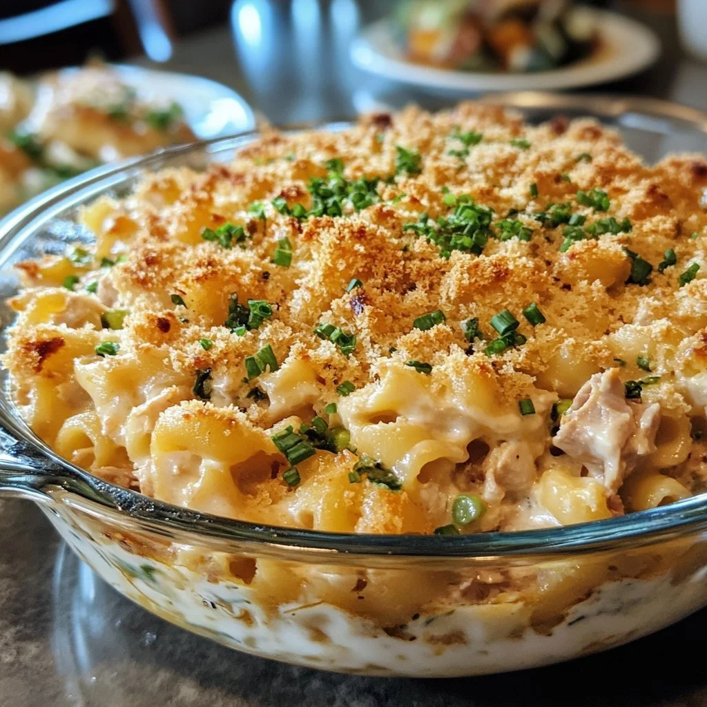 Delicious Campbell's Tuna Casserole topped with crispy breadcrumbs.