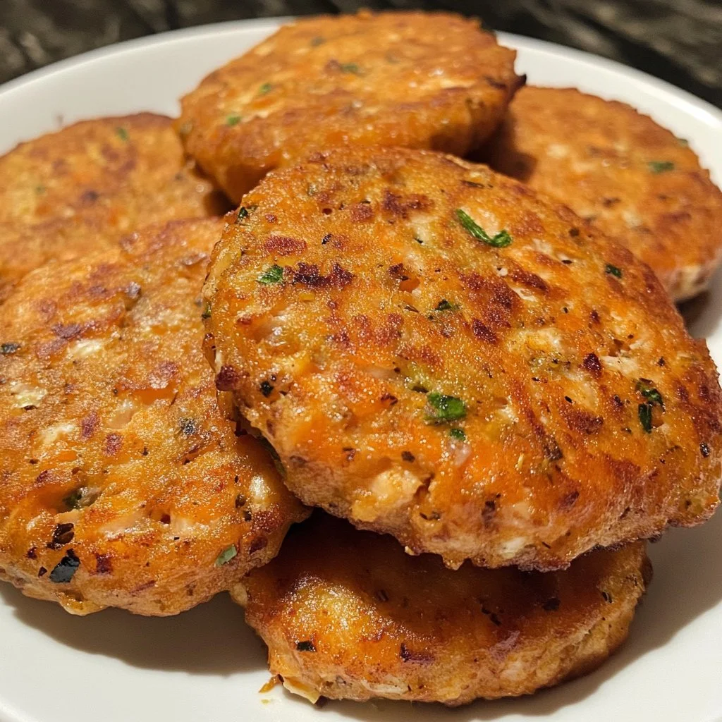 Crispy canned salmon patties on a plate with fresh herbs and lemon garnish