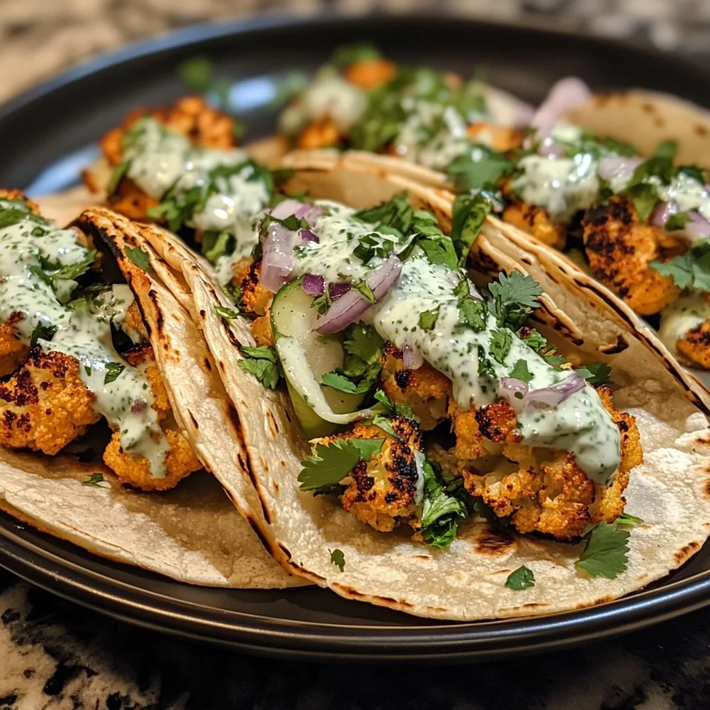 Delicious cauliflower tacos garnished with cilantro lime cream