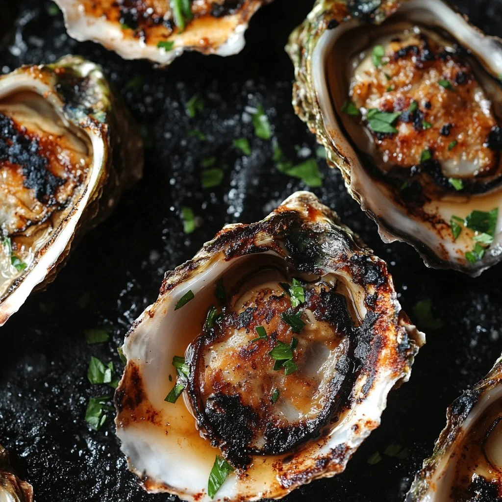 Delicious chargrilled oysters served with garlic butter and herbs