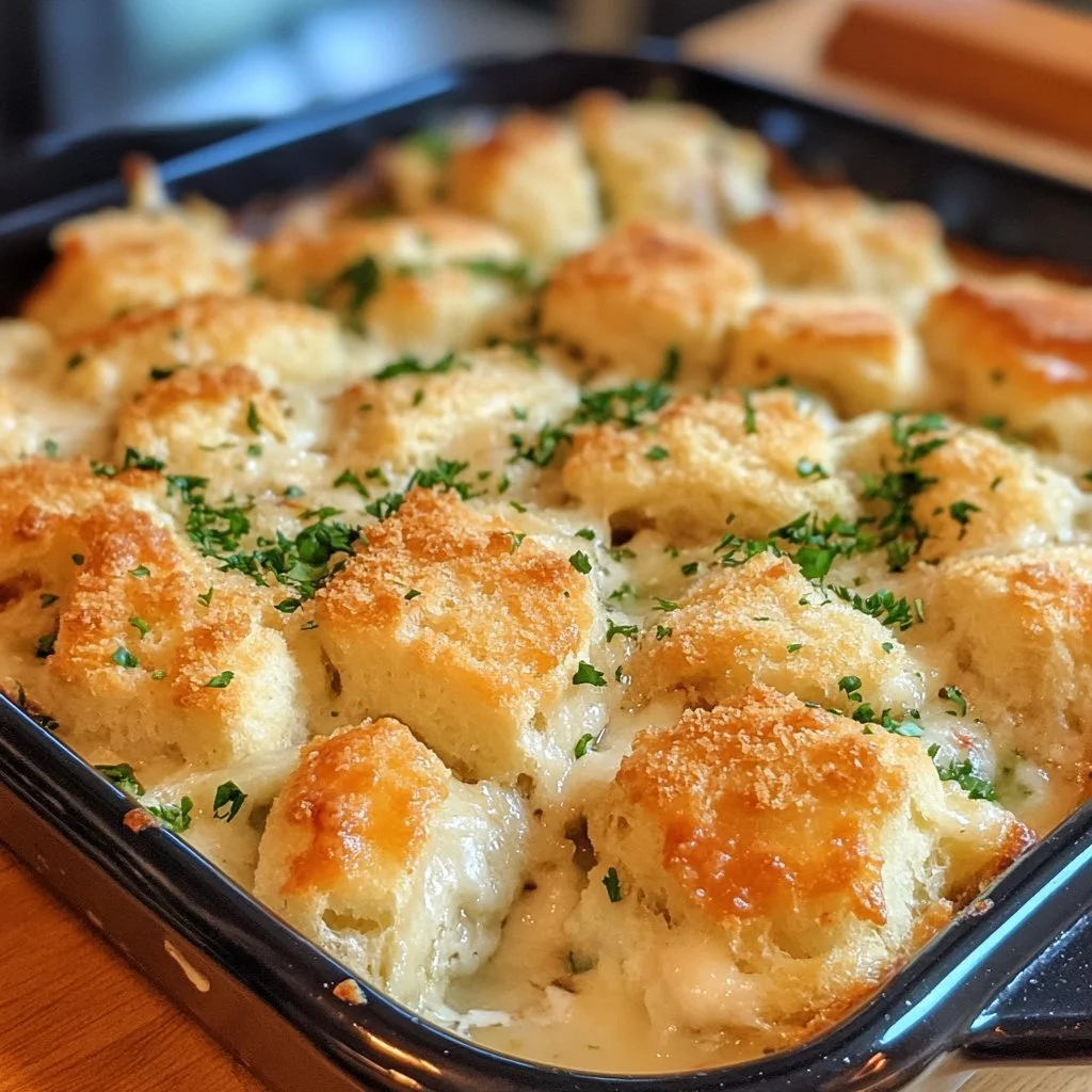 Cheddar Bay Biscuit Seafood Bake with shrimp and crab on a white plate