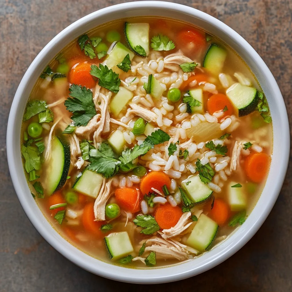 Bowl of chicken soup with rice garnished with herbs