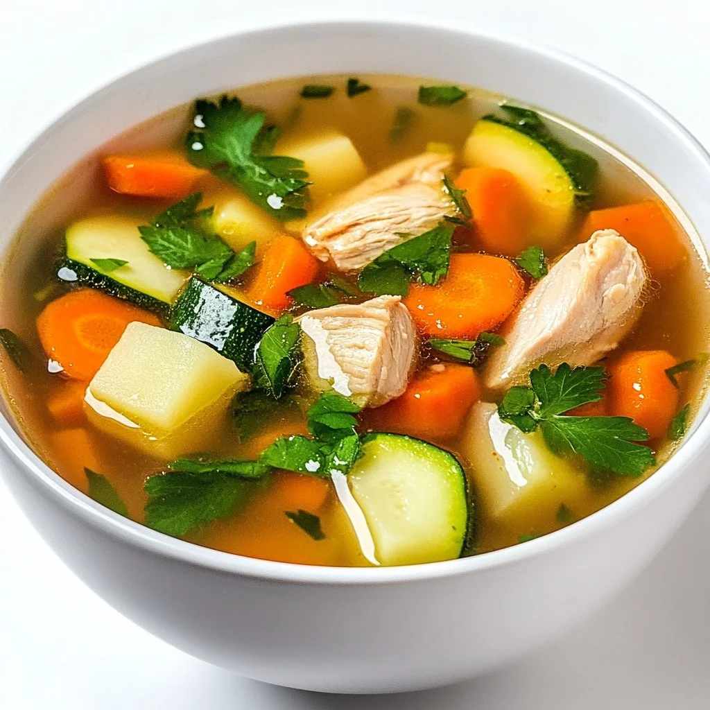 Bowl of chicken soup with fresh vegetables for a comforting meal