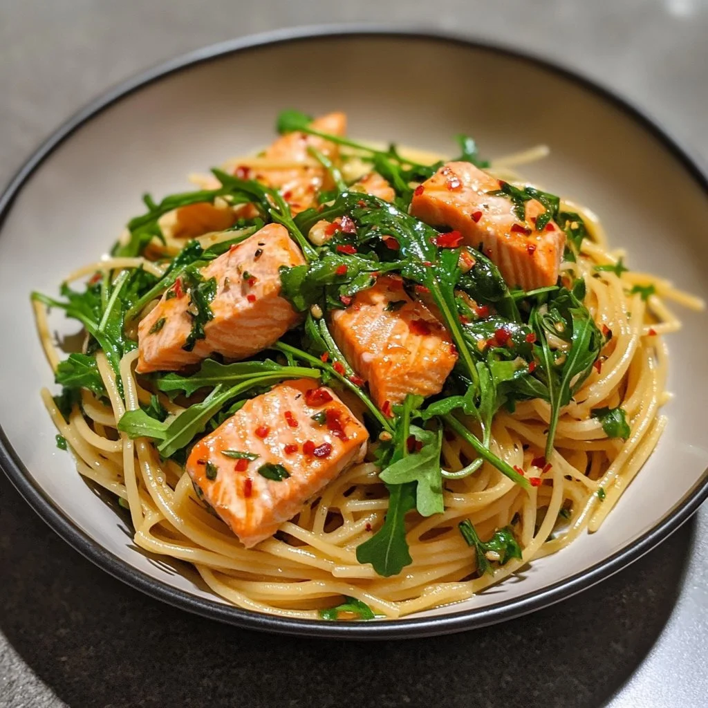 Chilli Oil Pasta with Salmon and Rocket, garnished beautifully for a flavorful dish
