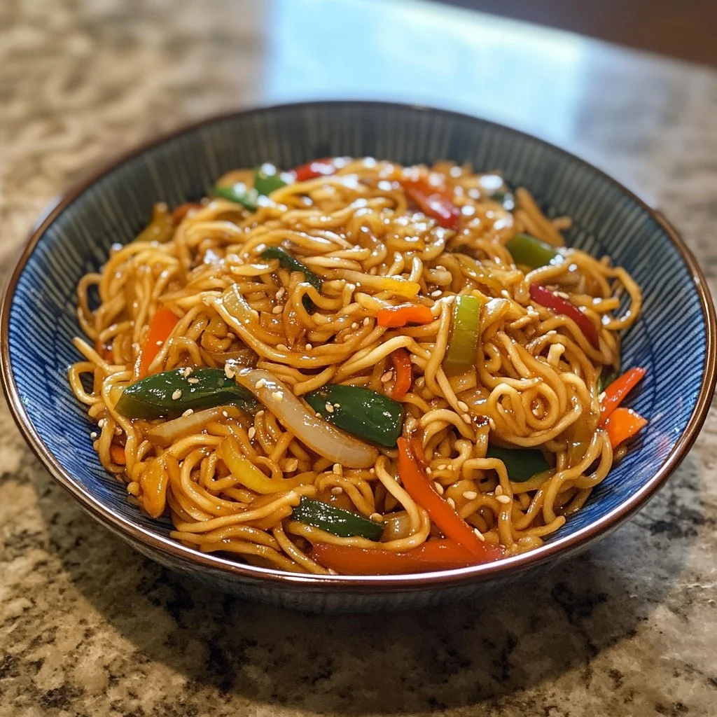 Bowl of Chow Mein topped with fresh vegetables and authentic Chow Mein sauce