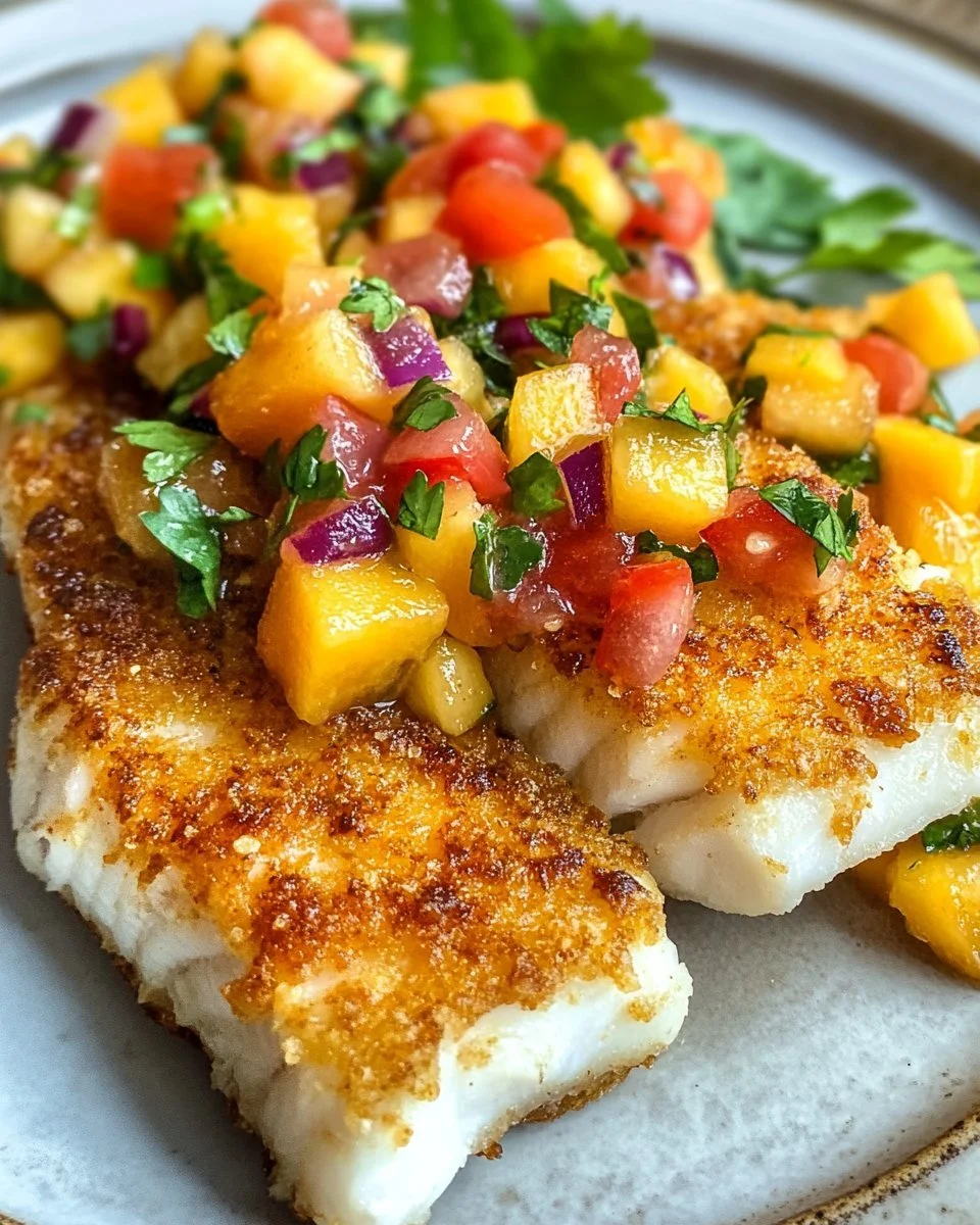 Plate of coconut crusted fish with vibrant mango salsa garnished with herbs