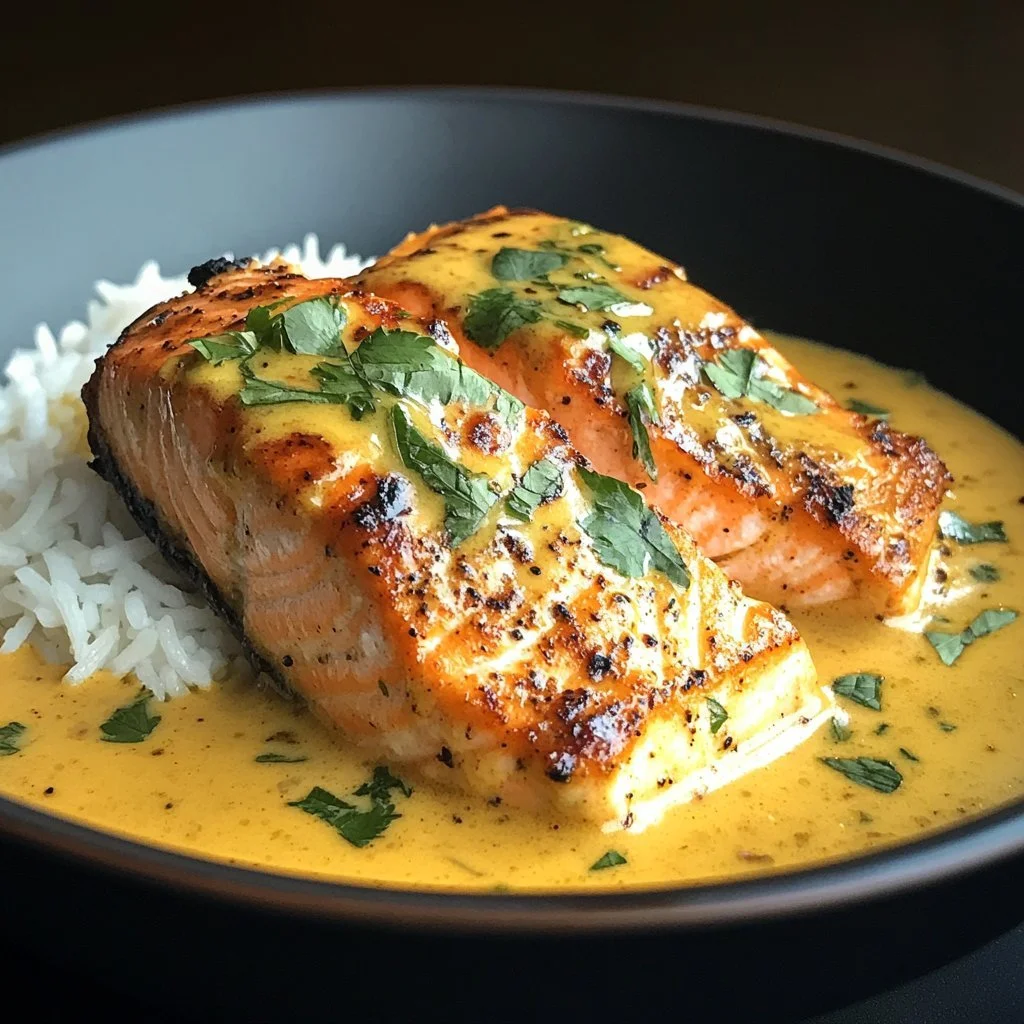 Bowl of Coconut Salmon Curry with vibrant vegetables and rice