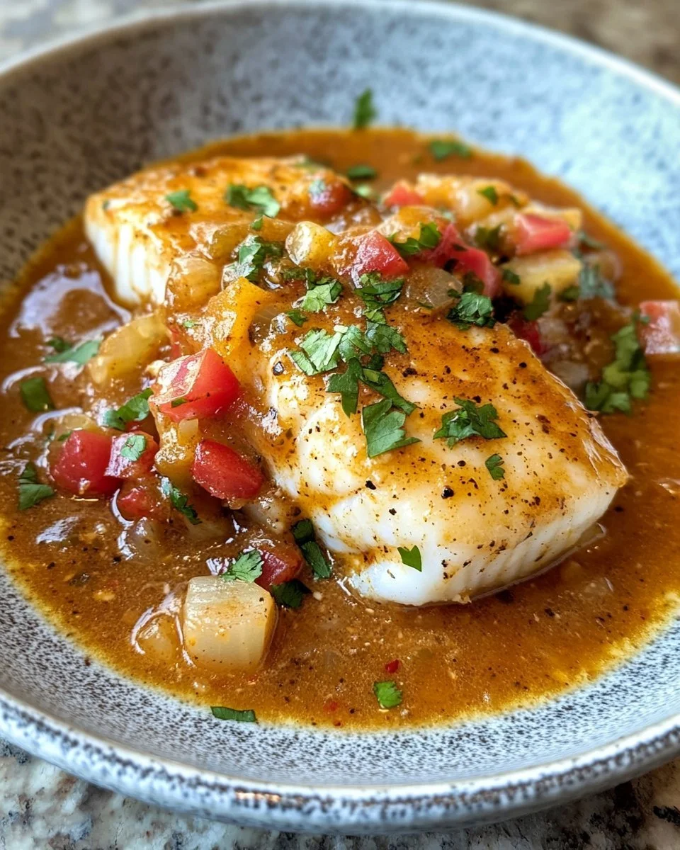 Plate of cod fish topped with spicy Creole sauce and fresh herbs