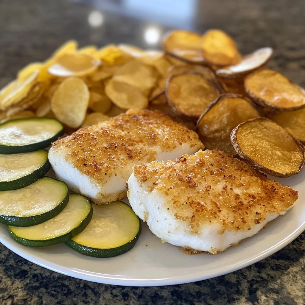 Crispy Copycat Long John Silver's Cod with oven-fried chips and fried zucchini spears