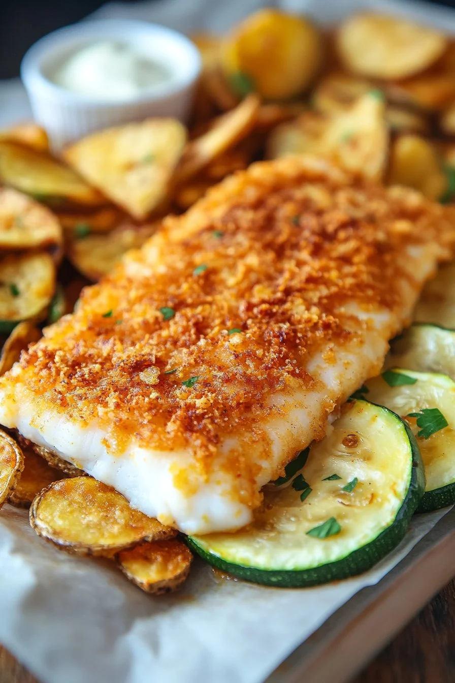 Copycat Long John Silver's Cod with Oven-Fried Chips and Fried Zucchini Spears