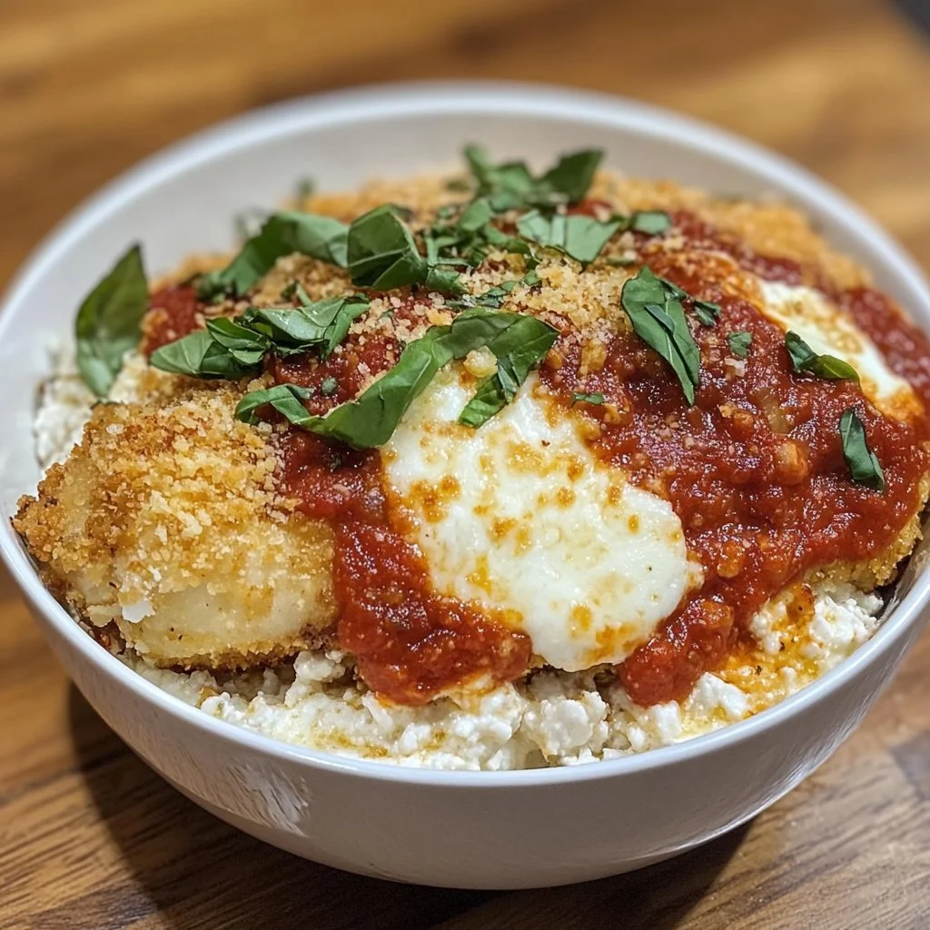 Cottage Cheese Chicken Parmesan Bowl topped with basil and cheese