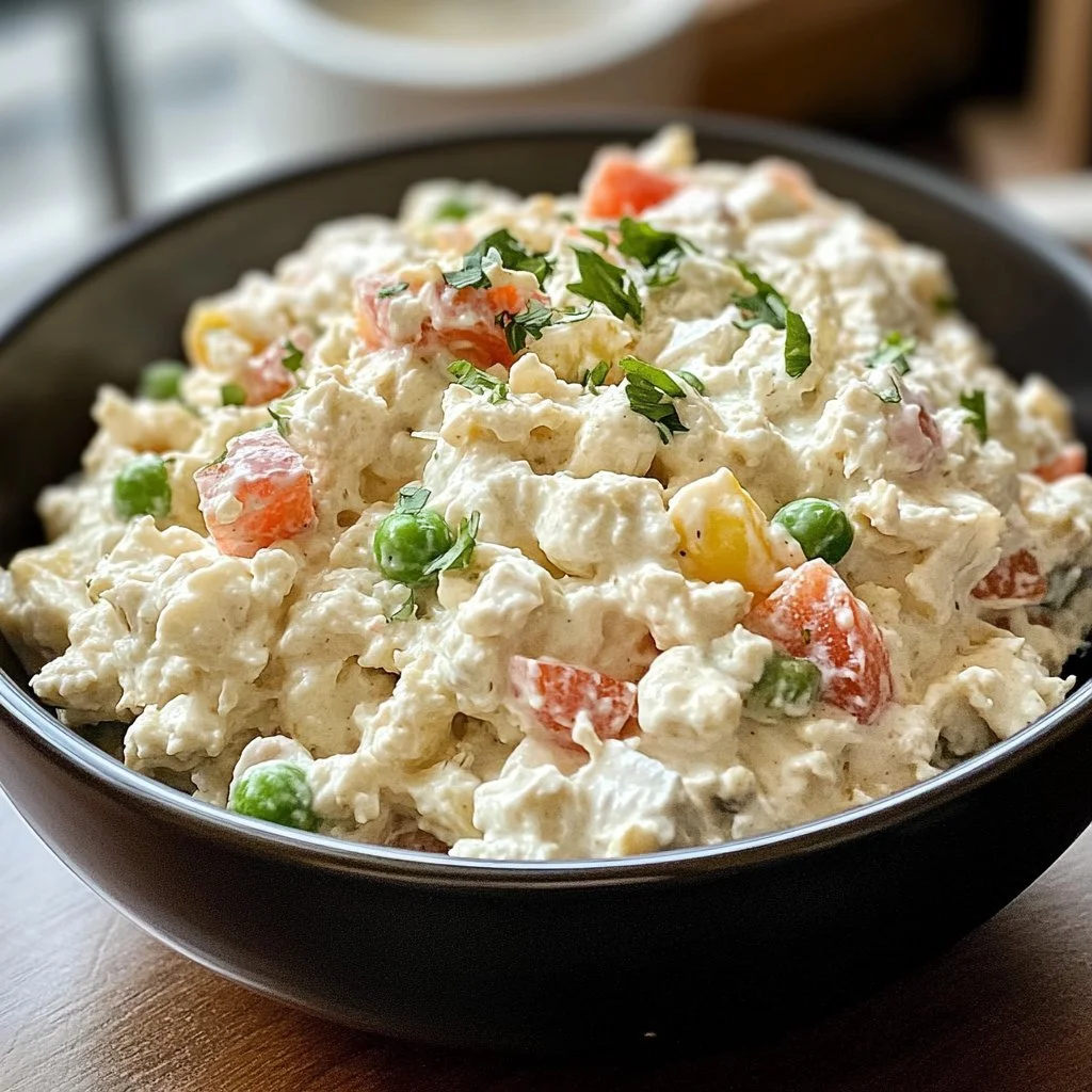 A fresh bowl of cottage cheese tuna salad garnished with herbs.