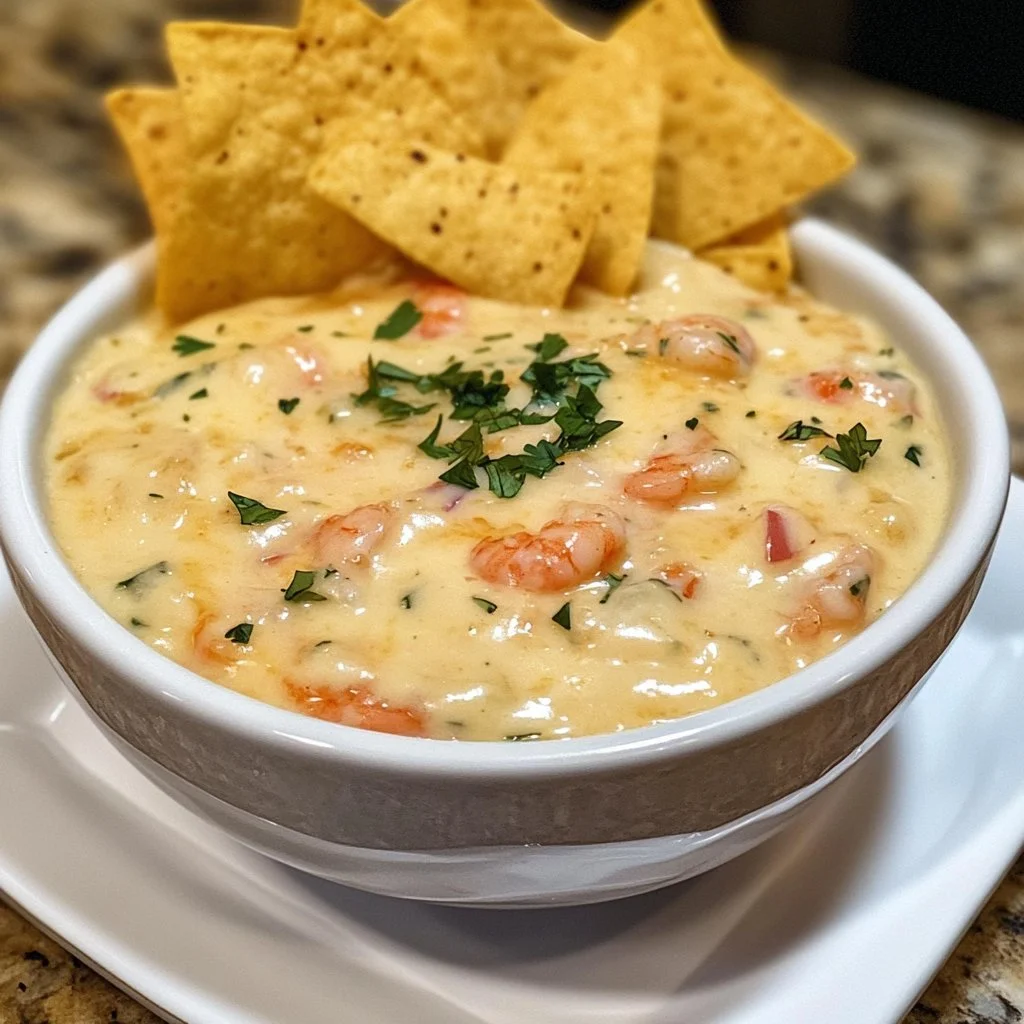 Delicious Crab Shrimp Queso served in a bowl with tortilla chips