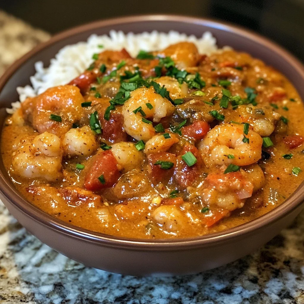 Delicious bowl of Crawfish Etouffee served with rice and garnished with parsley.