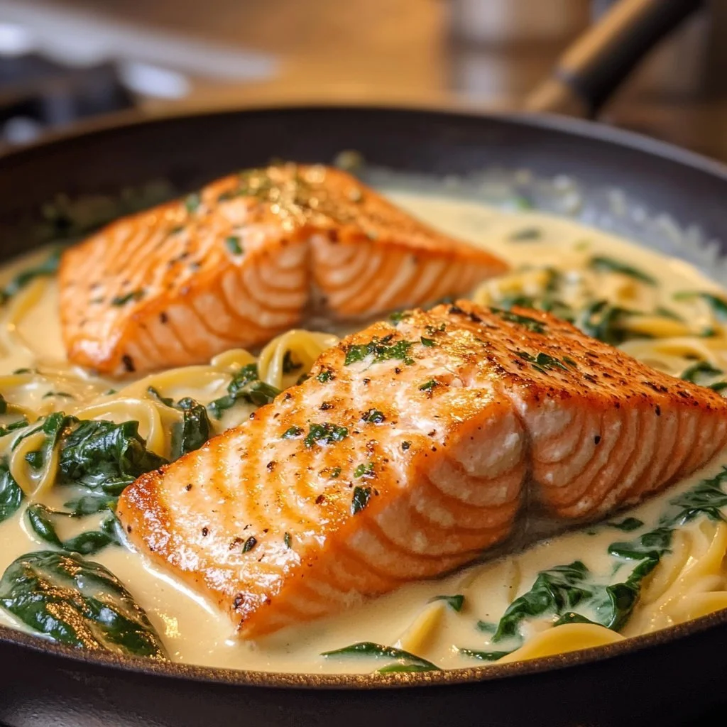 Delicious creamy garlic spinach salmon served on a plate with fresh herbs.