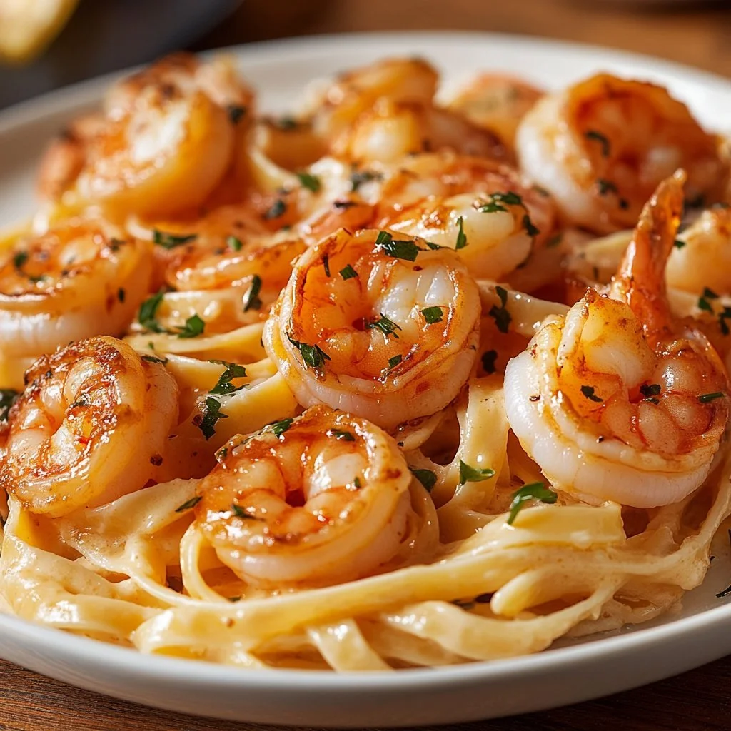 Creamy Marry Me Shrimp Pasta garnished with parsley and Parmesan cheese.