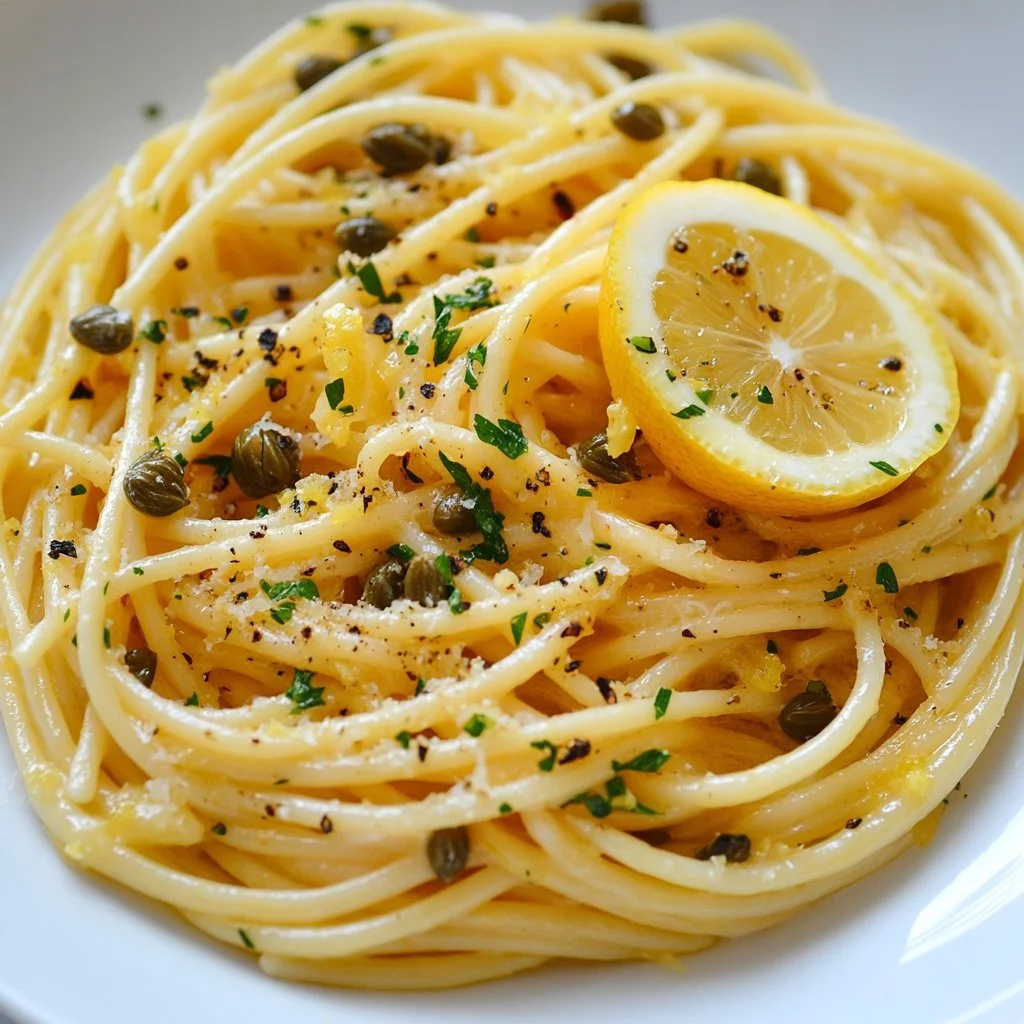 Creamy Parmesan lemon caper pasta garnished with fresh herbs