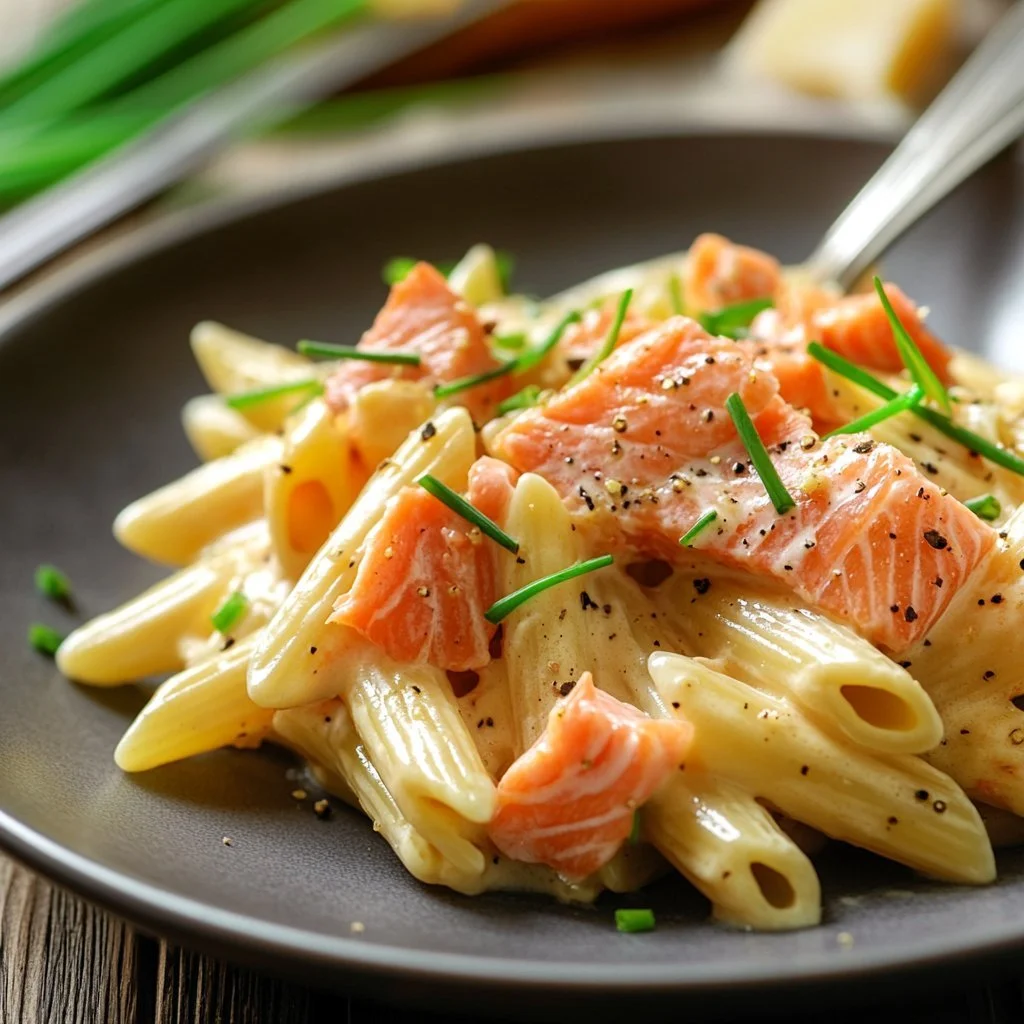 Creamy pasta with smoked salmon topped with herbs and spices