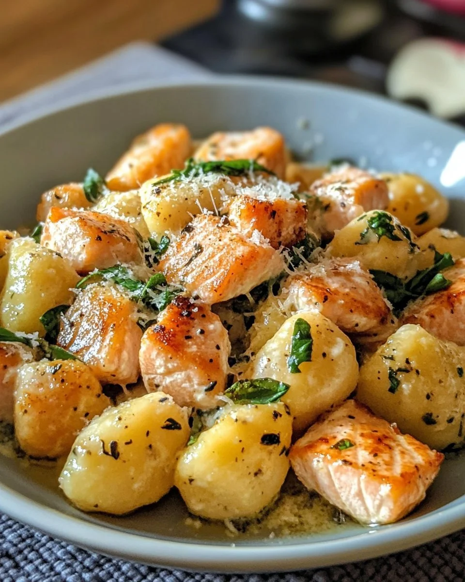 Plate of creamy salmon gnocchi with fresh herbs