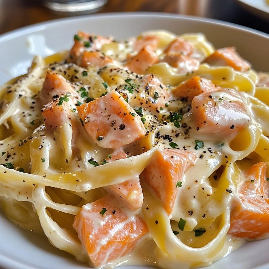 A delicious plate of creamy salmon pasta garnished with herbs and lemon.