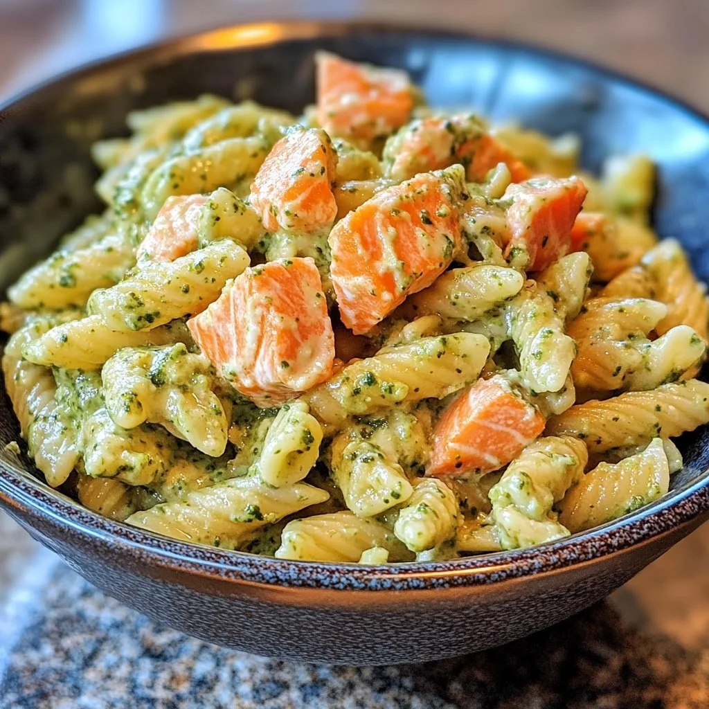 Creamy salmon pesto pasta topped with fresh basil and pine nuts.