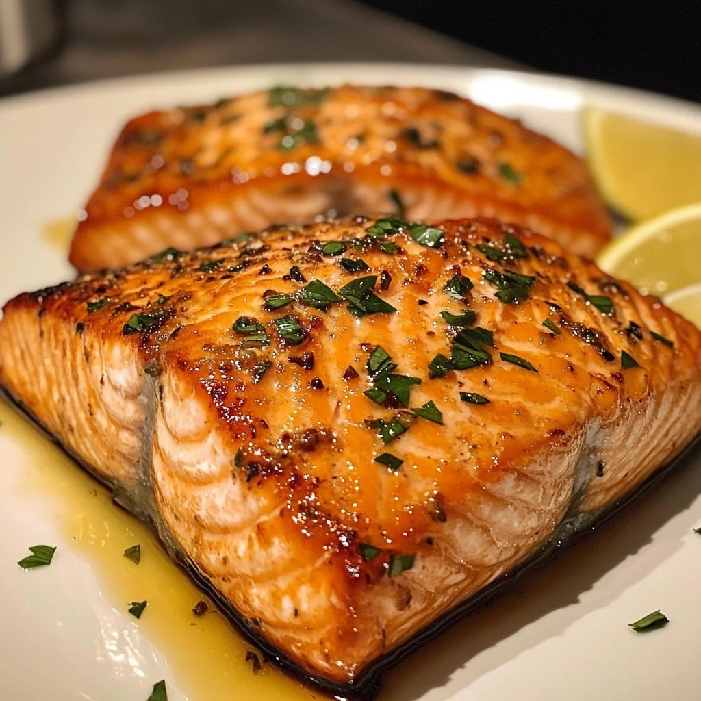 Crispy air fryer salmon filet served with lemon and herbs