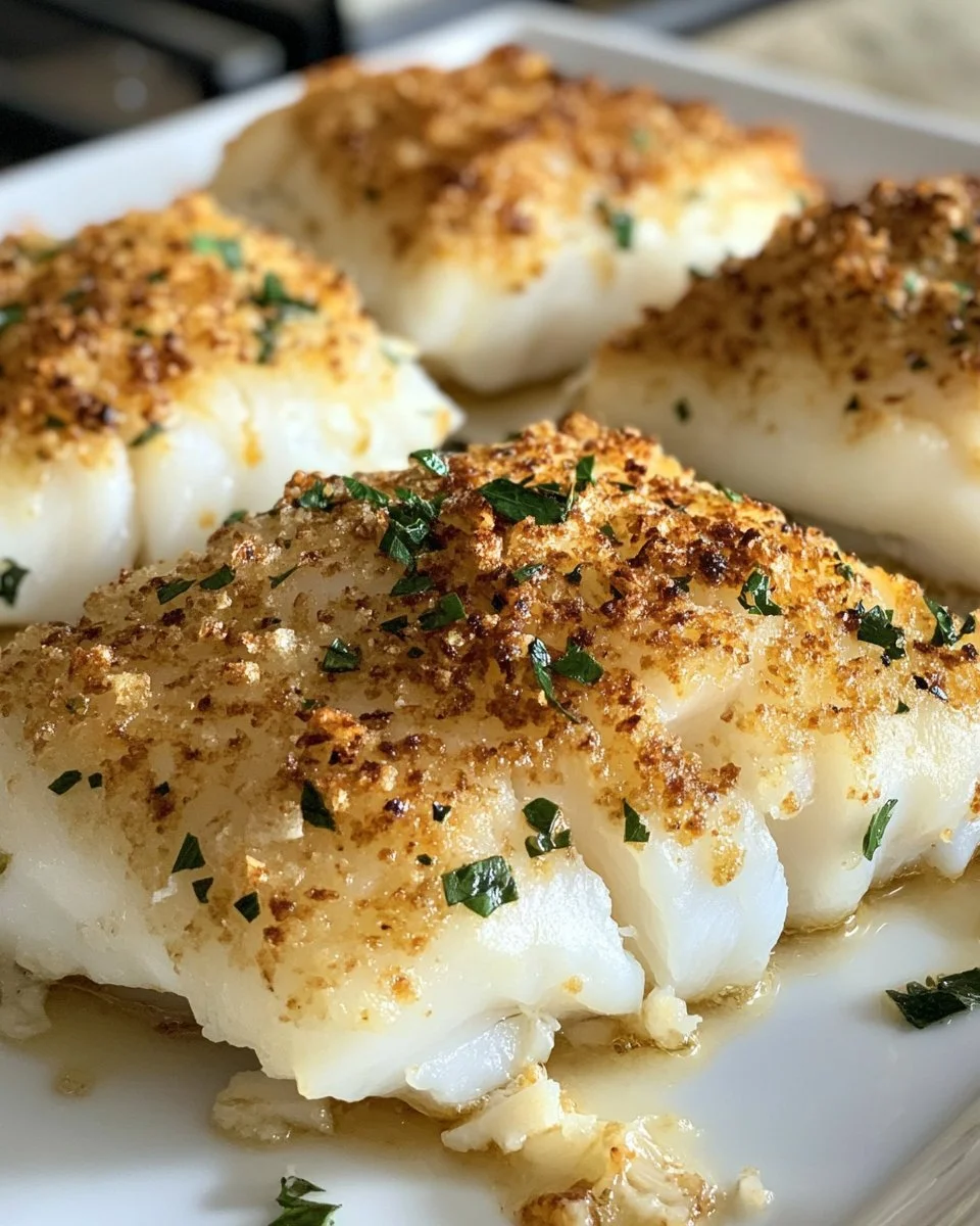 Crispy Baked Cod garnished with herbs and lemon, served on a plate