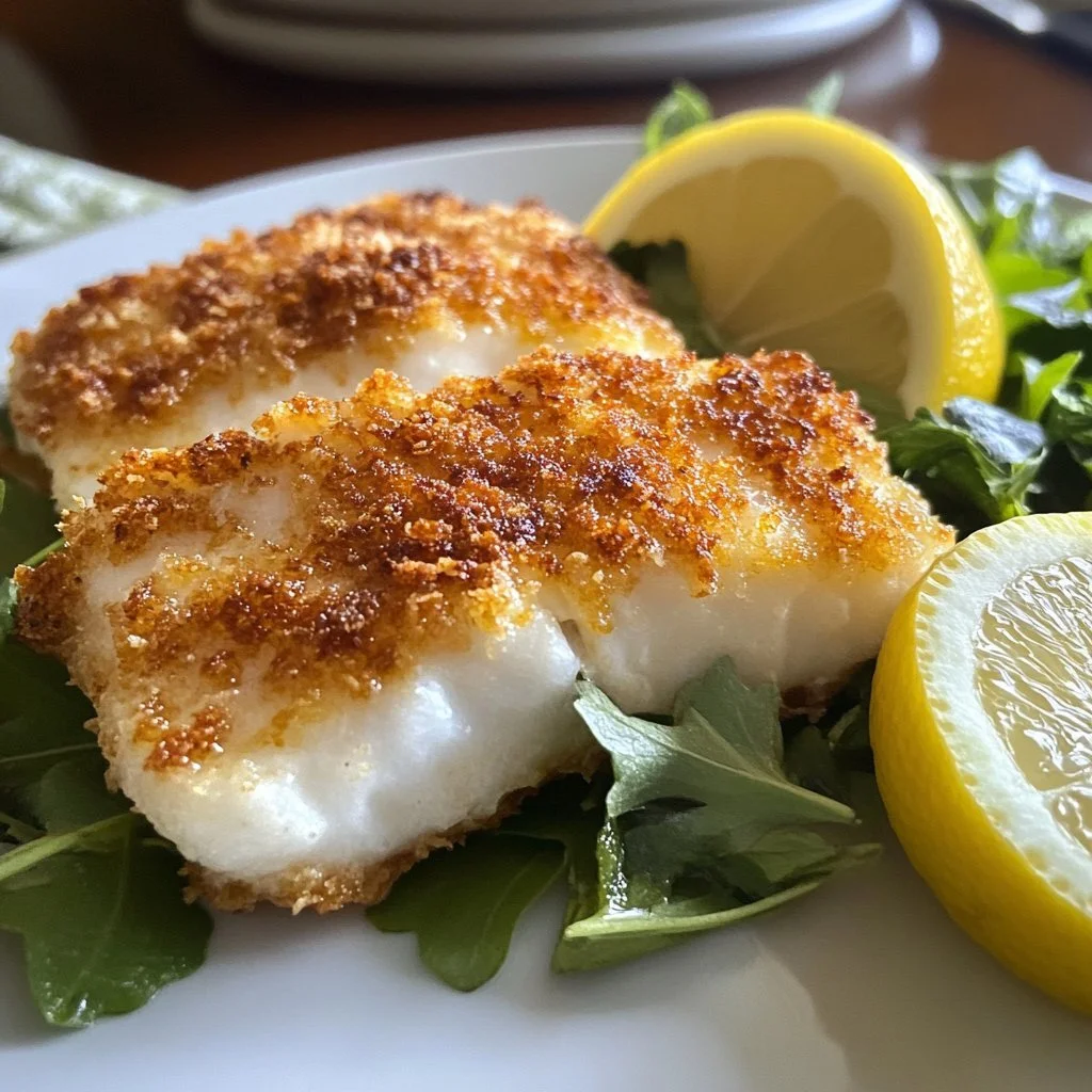 Crispy Baked Fish with Lemon served on a plate